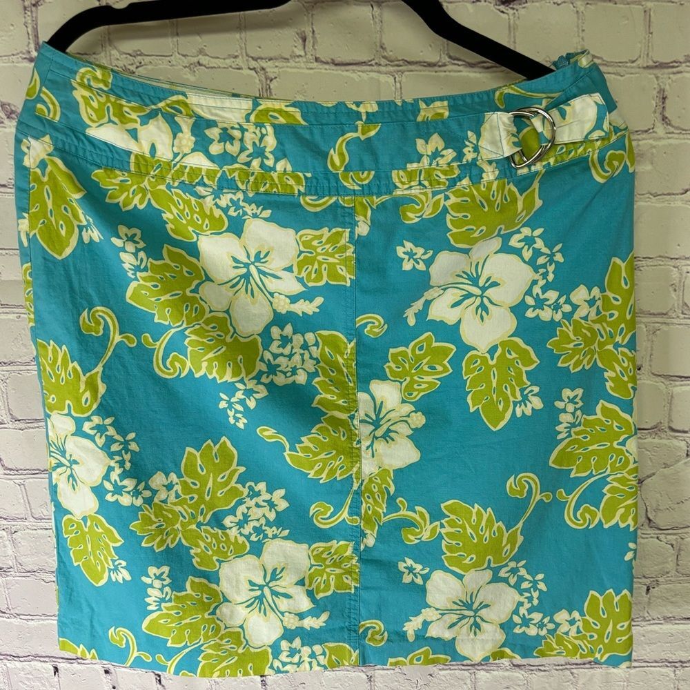 Versailles Blue Green Cream Floral Coastal Beach Cotton Mini Skirt Size 12